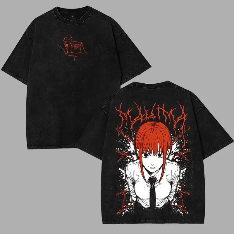Unisex couple T-shirt valentine Chainsaw Man Makima Control Devil villains v6 Washed T-shirt Double-Sided Print, Anime Manga Washed Shirt Graphic tees Cotton streetwear vintage unisex merch