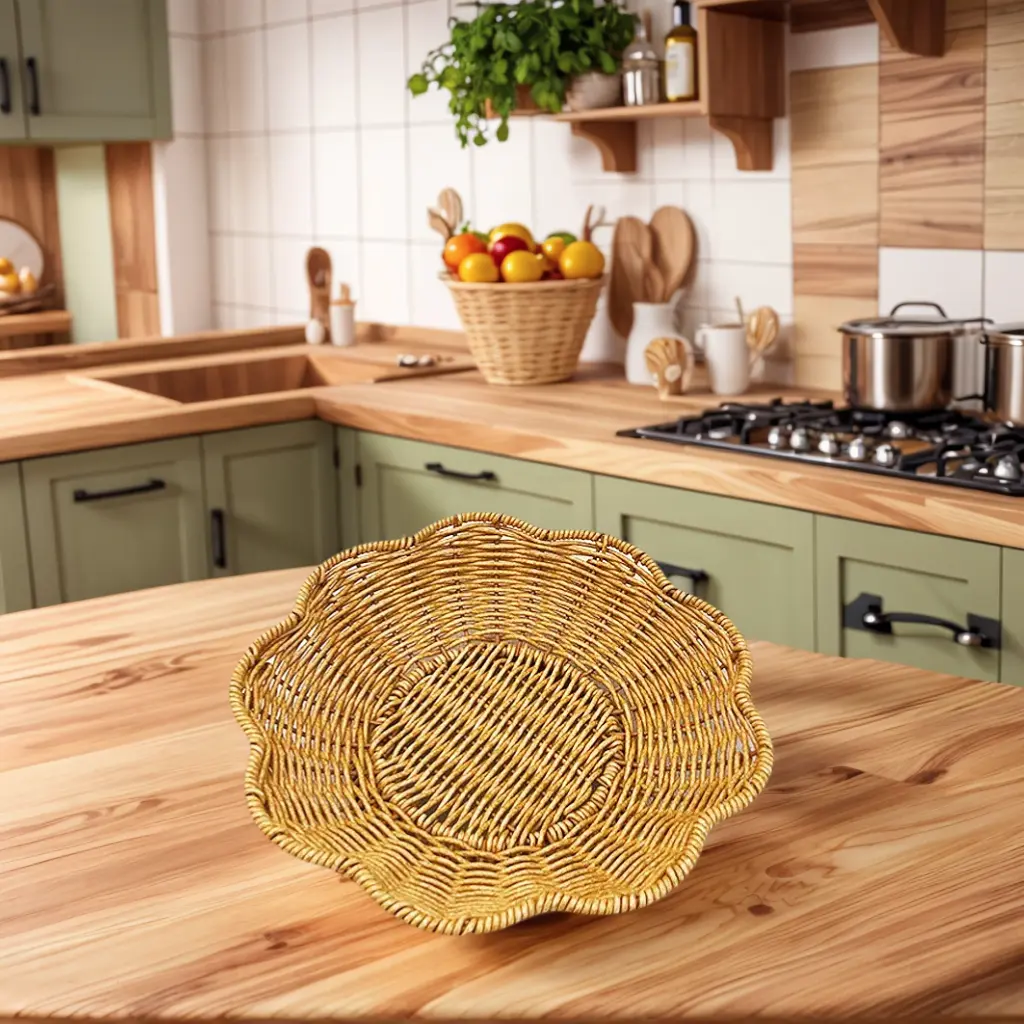 Rattan-Style Kitchen Organiser Serving Basket - 2 Sizes Japanese-Style Tray for Bread, Fruit