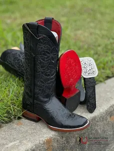 ROCKEM ALMA FLOR DE LUZ HAND TOOLED BLACK WITH RED BOTTOM SQUARE TOE GLITTER TOP