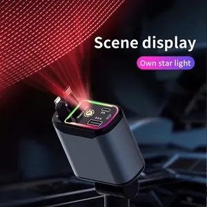 66W Retractable Car Charger Adapter with Starlight, 4-in-1 Fast Charging USB C Car Charger with 2 Retractable Cables, Compatible With IPhone 15/15 Pro Max/14 Pro Max/13/12/11, multiple ports 4-in-1 car charger para -automotive sky projector light