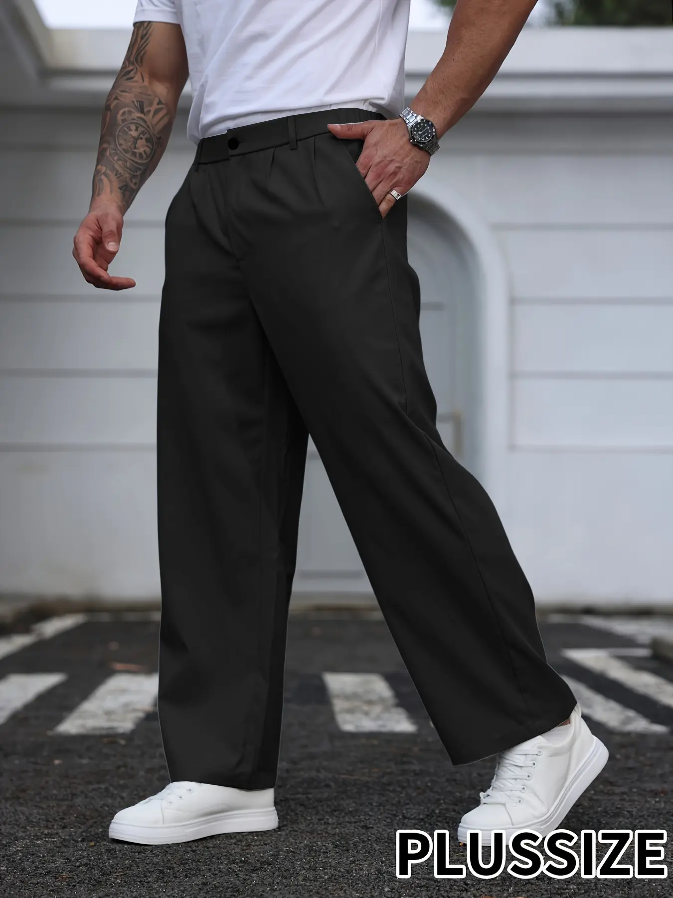 Men's Plus Size Long Pants Casual Plain Solid Color Elastic Waist Suit Pants, Comfortable and Stylish, Perfect for Daily Wear