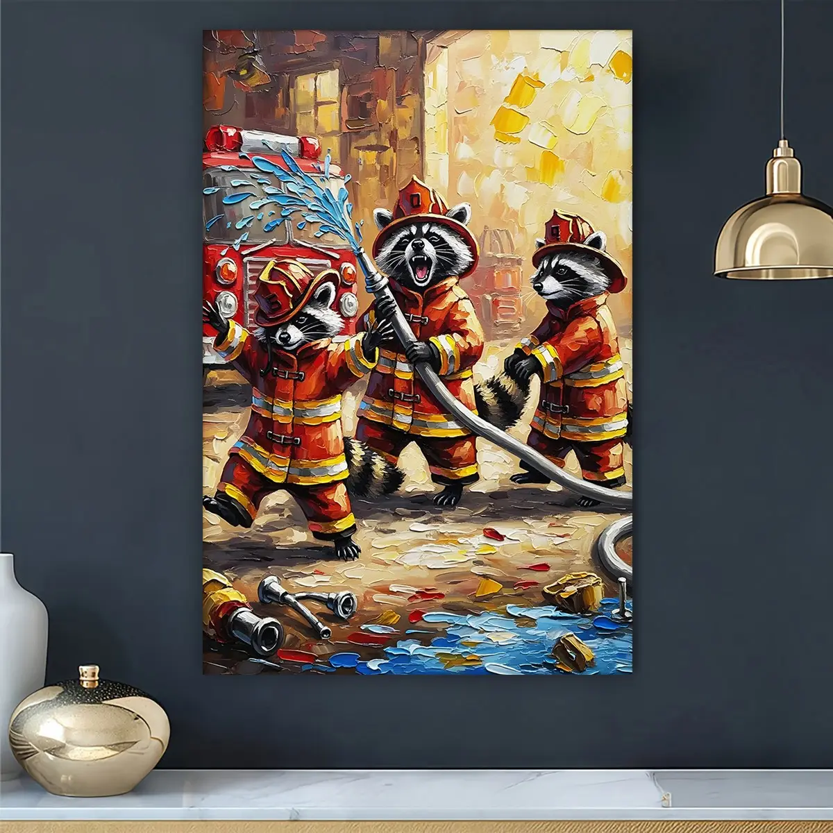 1pc Wooden Framed, Cute Raccoon Firefighter Print, Nursery Art Decor, Kids Room Wall Art Canvas, Animal Poster, Baby Shower Gift, Whimsical Painting, For Bedroom, Living Room, Home Decor