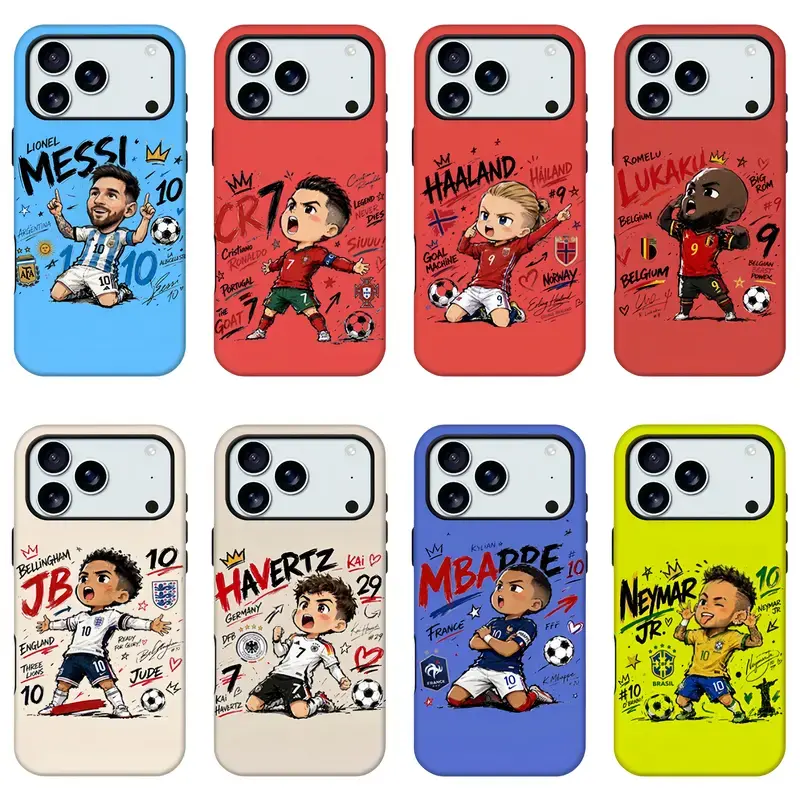 Cute Q-Version Cartoon Football Star Durable Silicone-Rubber Phone Case - Graffiti National Team Soccer Athlete Protective Designer Accessory, for iPhone 17 ProMax/16/15/14/13/12/11 Plus & Samsung Phones, Unisex, Protection, Accessories