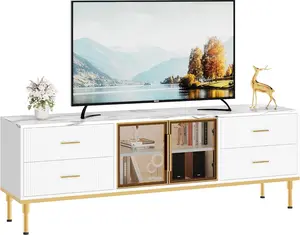 65-Inch White Minimalist LED-Lit TV Console Cabinet - 4 Drawers, Shelves, Glass Doors, Low Profile Entertainment Center for 55/65/75-Inch TVs, Large Living Room Furniture, Minimalist Tv Stand