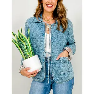 Bow Front Quilted Denim Washed Jacket