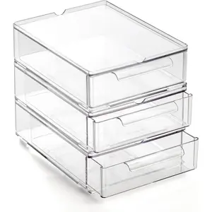 Clear Stackable Small Storage Drawers 3 Pack, Durable Plastic Modular Acrylic Organizer Drawers with Built-in Handles