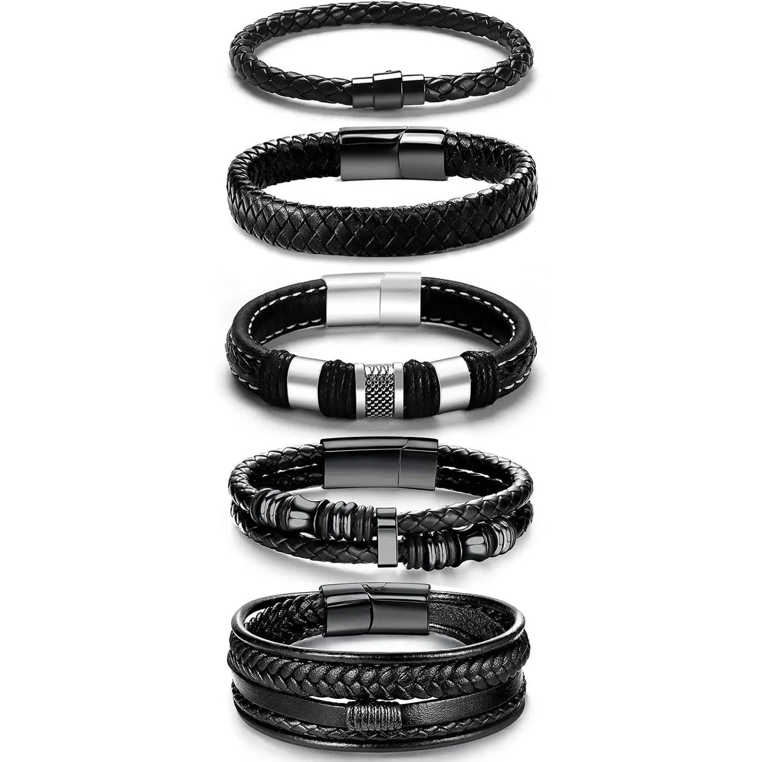 Unisex 5-Piece Durable & Comfortable Leather Bracelet Set - Multi-Layer Black Woven Cuff Bracelet Jewelry with Stainless Steel Magnetic Buckle, Casual Valentine's Day Gift
