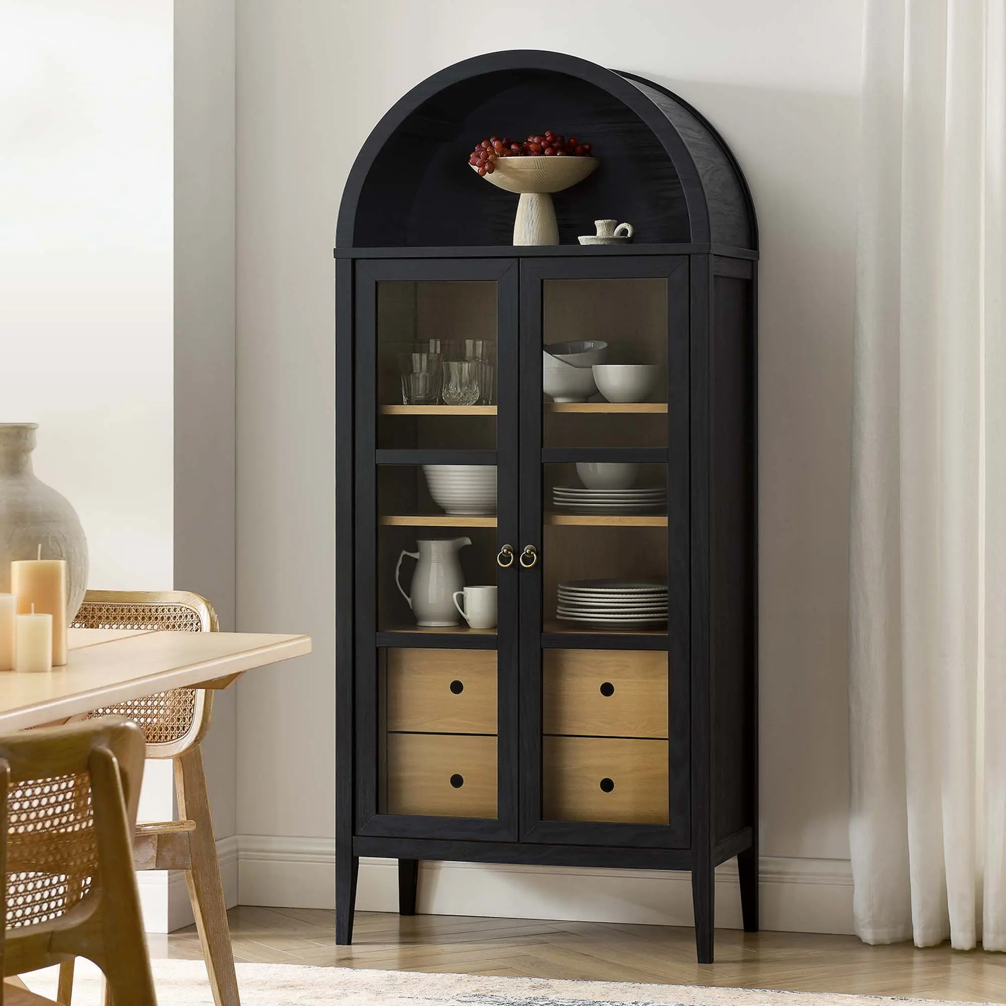 Modway Nolan Tall Arched Wood Farmhouse Storage Display Cabinet - Indoor Furniture Cupboard with Glass Doors, Adjustable Shelves, 88 lbs Capacity, for Living Room Use, Black Oak Finish, Farmhouse Storage Cabinet