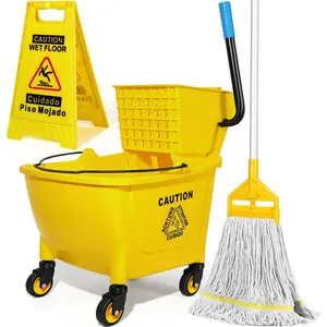 35 Qt Commercial Mop Bucket with Side Press Wringer  Wheels,Heavy Duty Industrial Mop and Bucket Set for Floor Cleaning,Including 1 Wet Floor Caution Sign for Household and Business,Yellow