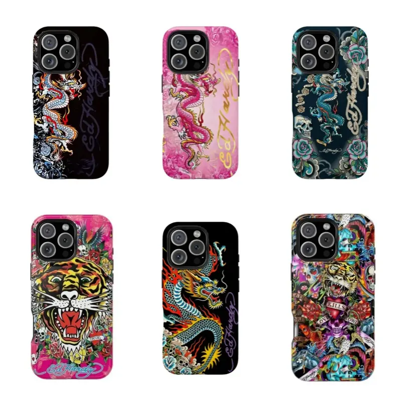 Pink 3d H.ar.dy S.k.ull Leopard Tattoo Phone Case Aesthetic Y2k Trendy Tiger Ed Hardy Collage Phone Case,for iPhone 17/16/15/14/13/12/11 ProMax Plus for Samsung phones,an excellent gift for friend or fans.