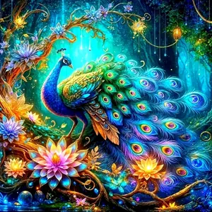 Colorful Peacock And Lotus In Forest Art Painting Diamond Painting 5D DIY Diamond Painting Kit Full Drill Square Round Diamonds Embroidery Cross Stitch Art Craft, Handicraft Home Wall Decor Art Gift For Living Room Handmade Decorative Painting Set
