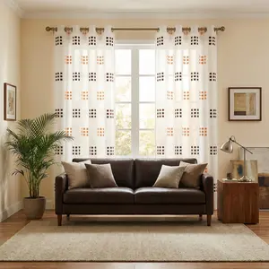 Cozy Curtain 2 Panels 52X84Inch is made of bamboo-jointed linen fabric, combined with embroidery technique, featuring a two-color nine-square pattern, with a metal ring at the head. It is easy to install, has a unique style, and is labeled as CT278.