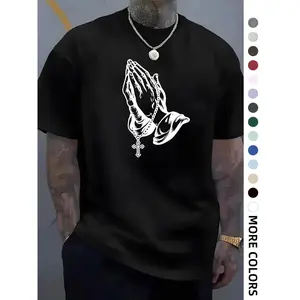 Men's Soft Regular Fit Short Sleeve Crew Neck Graphic T-shirt - Prayer Hand & Cross Print, Cargo-Inspired Leather-Accented Menswear Top for Daily, Sports Use (Black, Pair with Jeans)