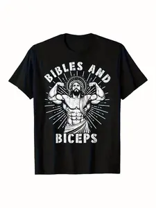 Bibles and Biceps Men's T-Shirt 180g Pure Cotton Casual Jesus Bodybuilding Graphic Tee Funny Gym Motivation Print Top Gift for Christians S-5XL