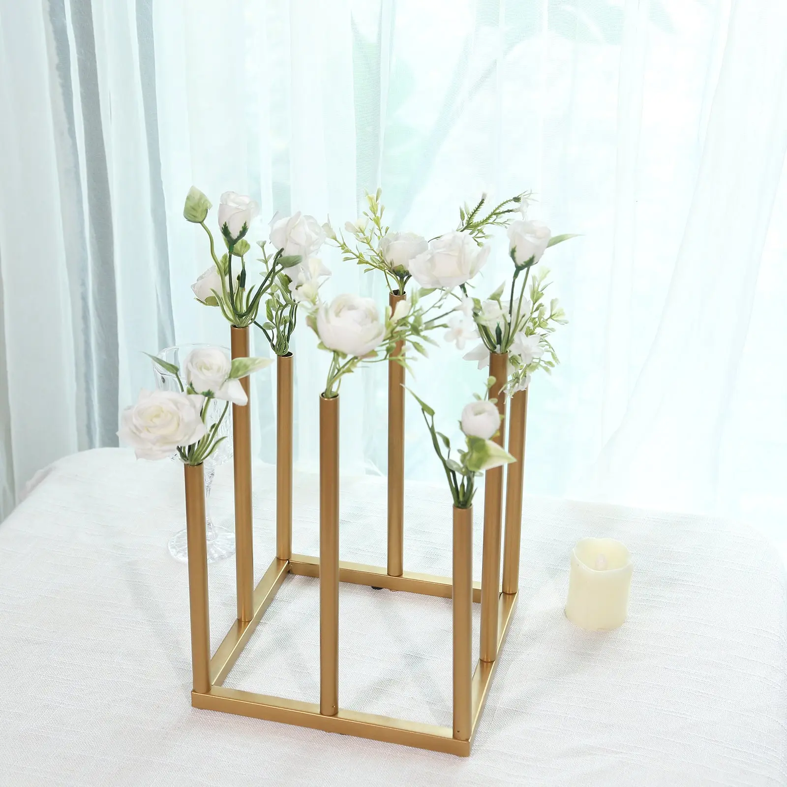 10" Gold Metal Minimalist 8-Tube Square Base Flower Vase - Single Stem Bud Centerpiece for Wedding Decor, Dining Room Home Supplies, Hollow Room Ornaments