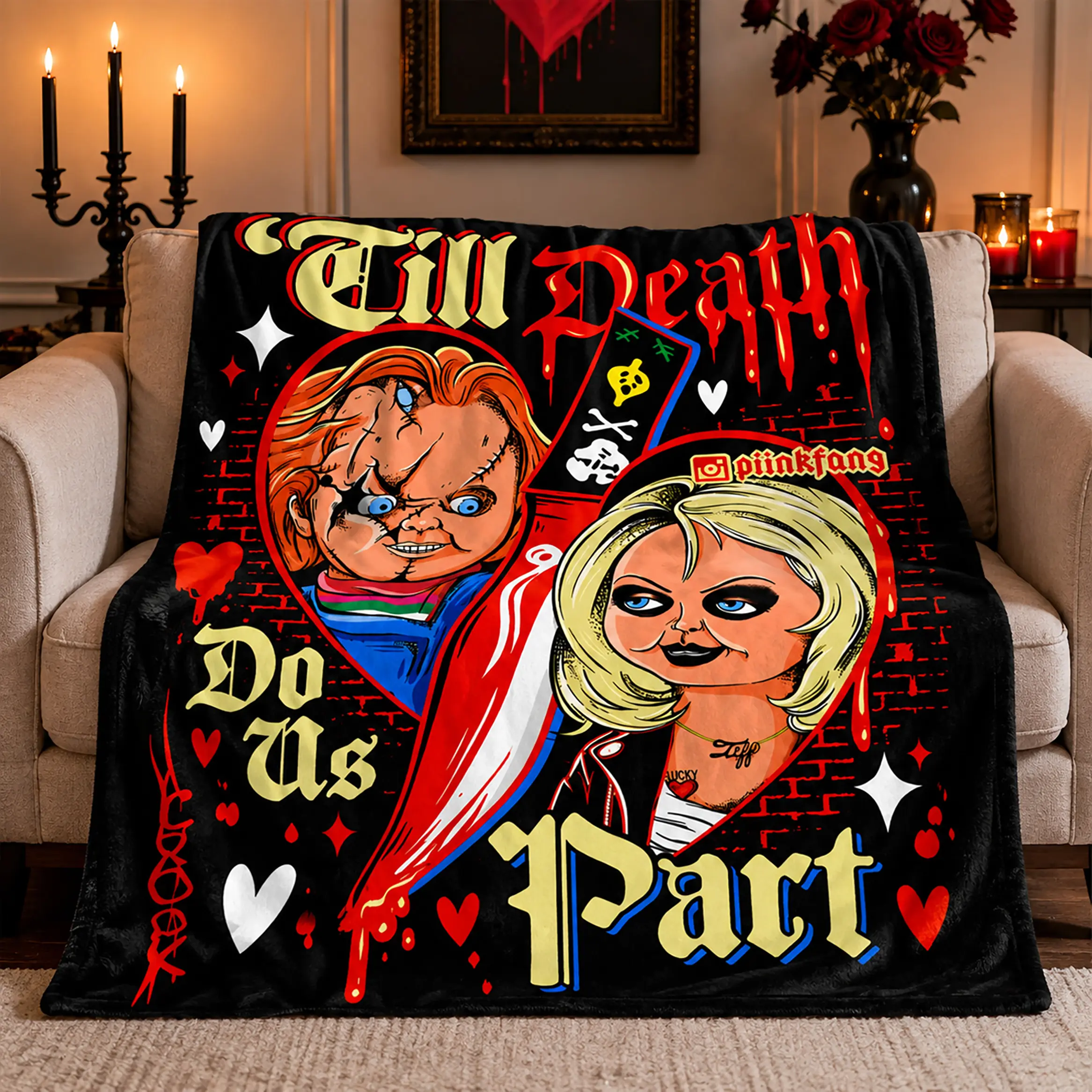 Chucky Tiffany Horror Movie Throw Blanket Ultra Soft Flannel Fannel Cozy Warm Plush Lightweight Halloween Decor Spooky Season Gothic Home Decor for Bedroom Couch Sofa Fall Christmas Gift for Teens Adults Horror Fans