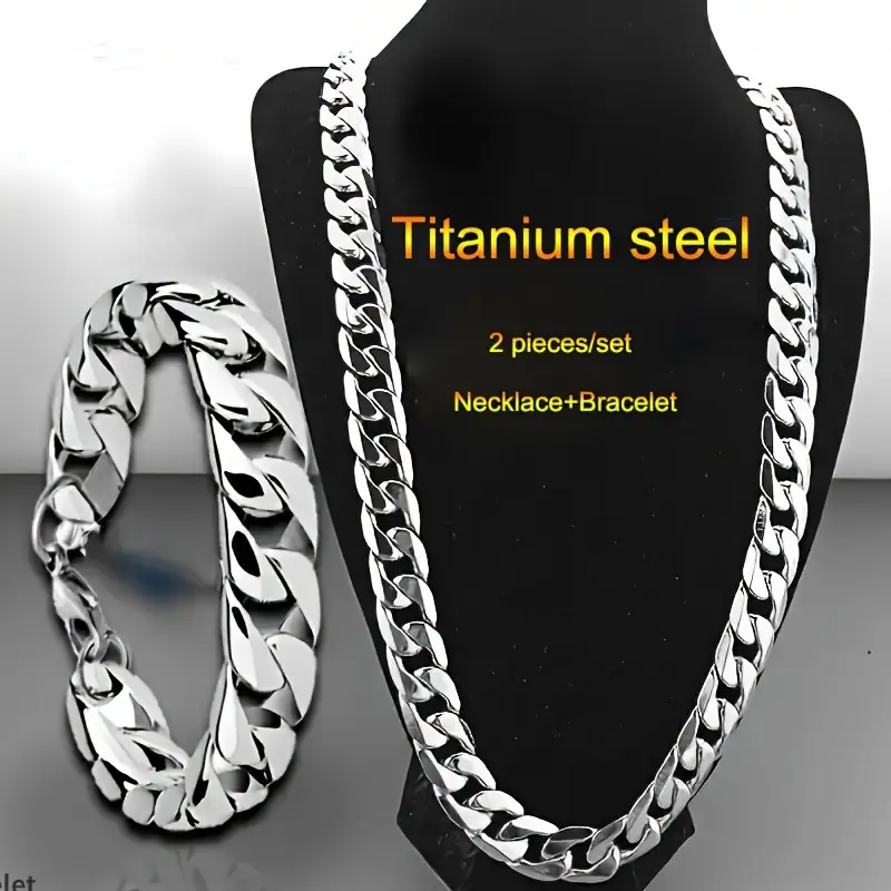 2pcs Stainless Steel Necklace And Bracelet, For Men And Women
