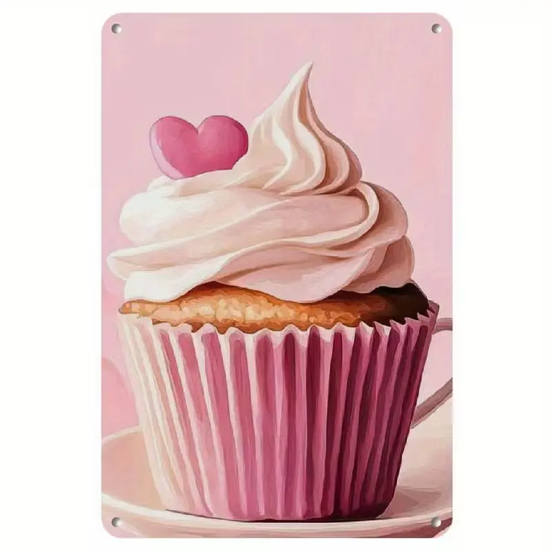 8x12 in Vintage Blush Pink Cupcake Heart Topping Hangable Metal Tin Sign - Soft Pastel Oil Painting Dessert Distressed Wall Plaque, Shabby Chic Valentine’s Bakery Home Sign for Waterproof Kitchen Décor
