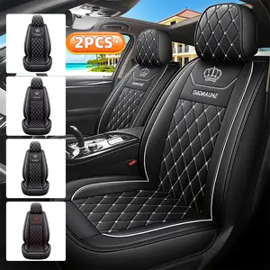 Waterproof Car Seat Cover with Anti-Scratch PU Leather Durable Wear-Resistant Front Double-Seater Crown Embroidery Full-Wrap 2PCS