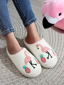 Women's Cute Flamingo & Pineapple Embroidery Design Plush Soft  Slippers, Trending Shoes, Warm Slippers for Indoor & Outdoor Use for Women & Girls, White Walking Shoes, Casual Home Slippers, Home Footwear
