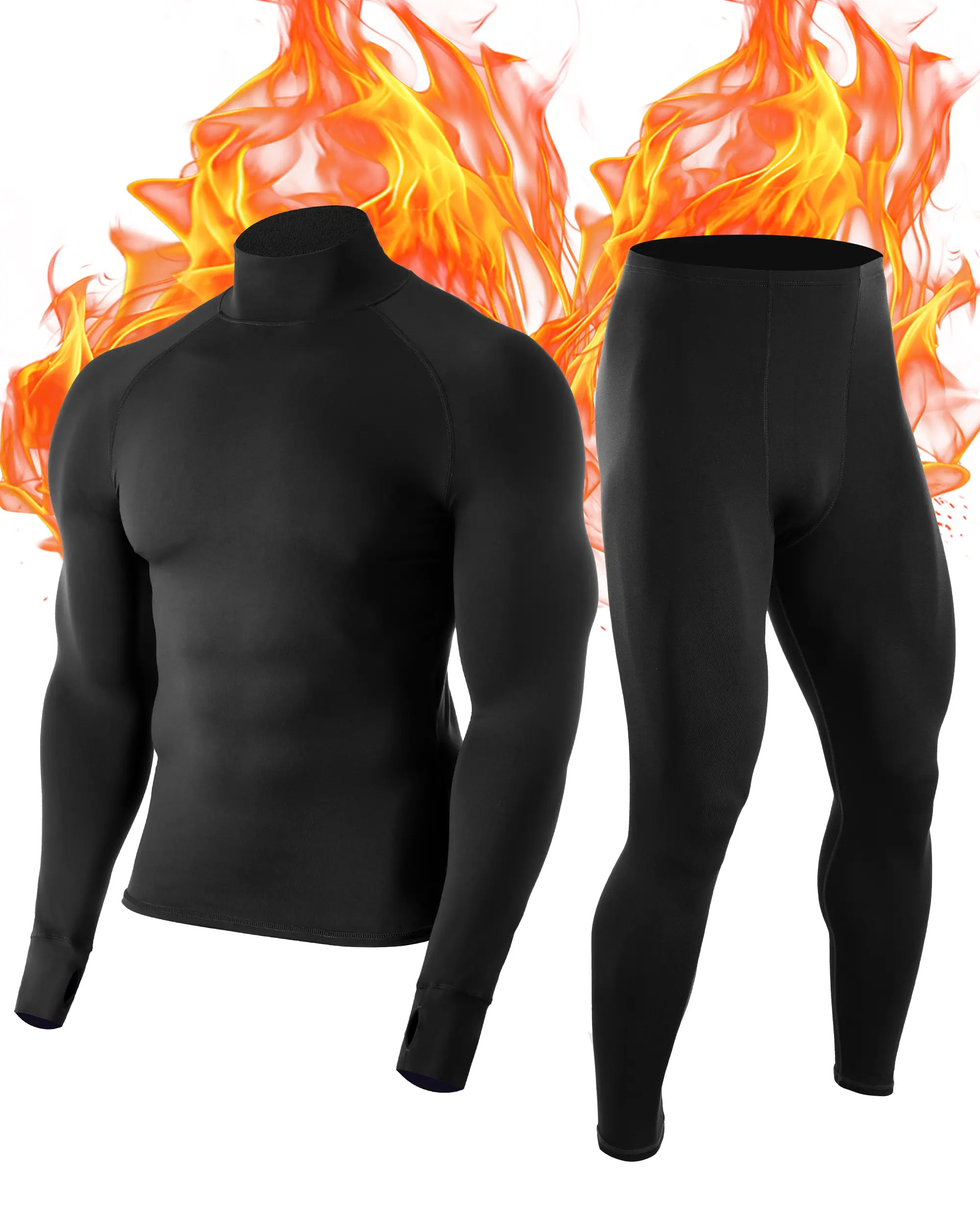 ROADBOX Men's Thermal Underwear Set - Moisture-Wicking Mock Neck Top & Thermal Bottoms with Compression Fit & Thumbholes for Outdoor Sports