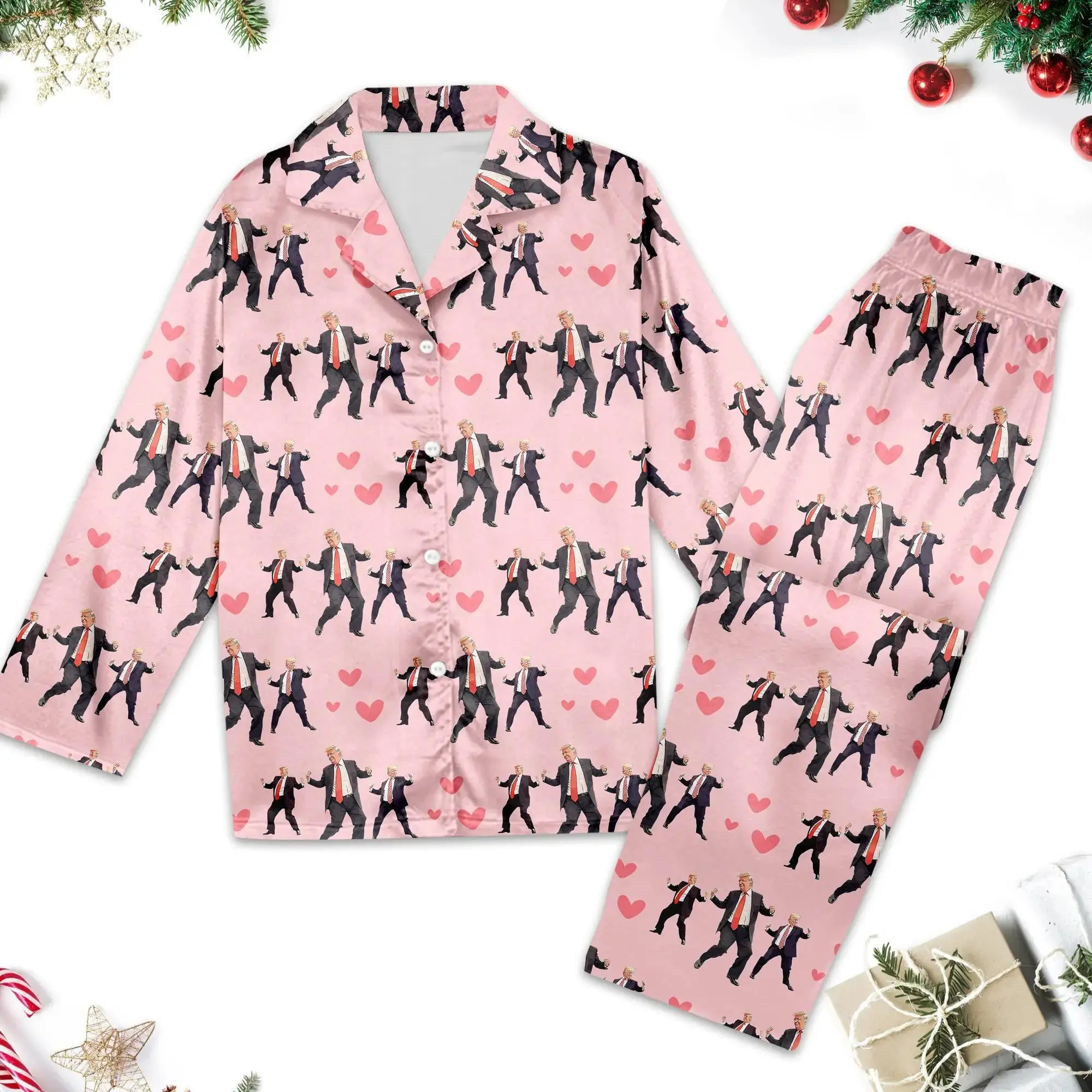 Donald Trump Heart Kiss Valentine Pajama Set, MAGA Trump Dancing Pajamas, US Political Gift for Her, Trump Women Sleepwear, Trump Pants