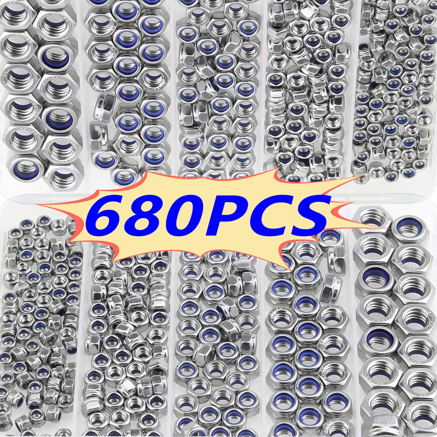 680PCS Anti-lock Heavy Duty hexagonal nuts - anti-slip designed full-thread Hardware fasteners, M3/M4/M5/M6/M8/M10, for industrial, construction, electronic, automotive, locking function decoration industry and scientific applications