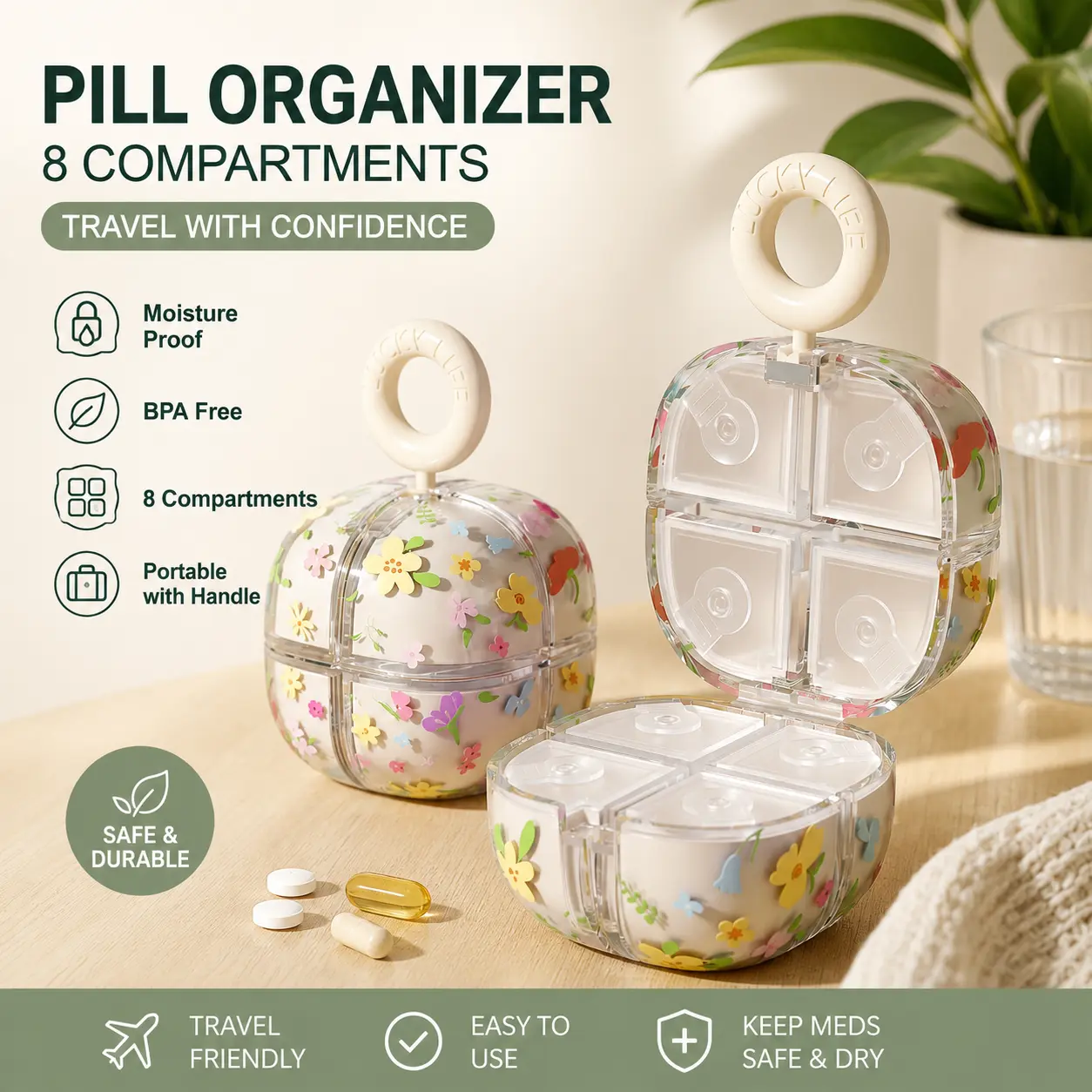 Portable Pill Organizer 8 Compartments Travel Pill Case Moisture Proof Medicine Storage Box