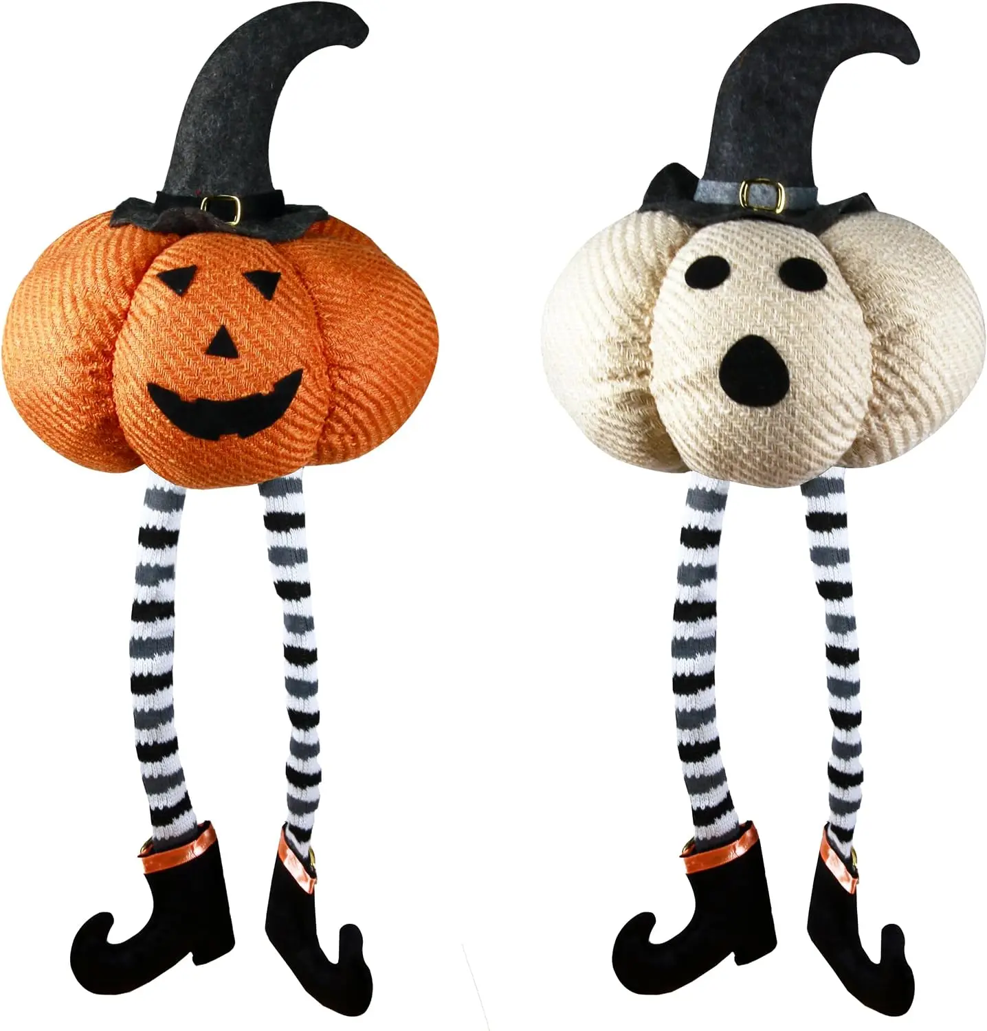 2-Pack Spooky Halloween Stuffed Plush Pumpkin Dolls - 23in Soft Touch Figures with Witch Hats, Black Boots, Room Ornaments for Home Party Table Decor, Festive Gift