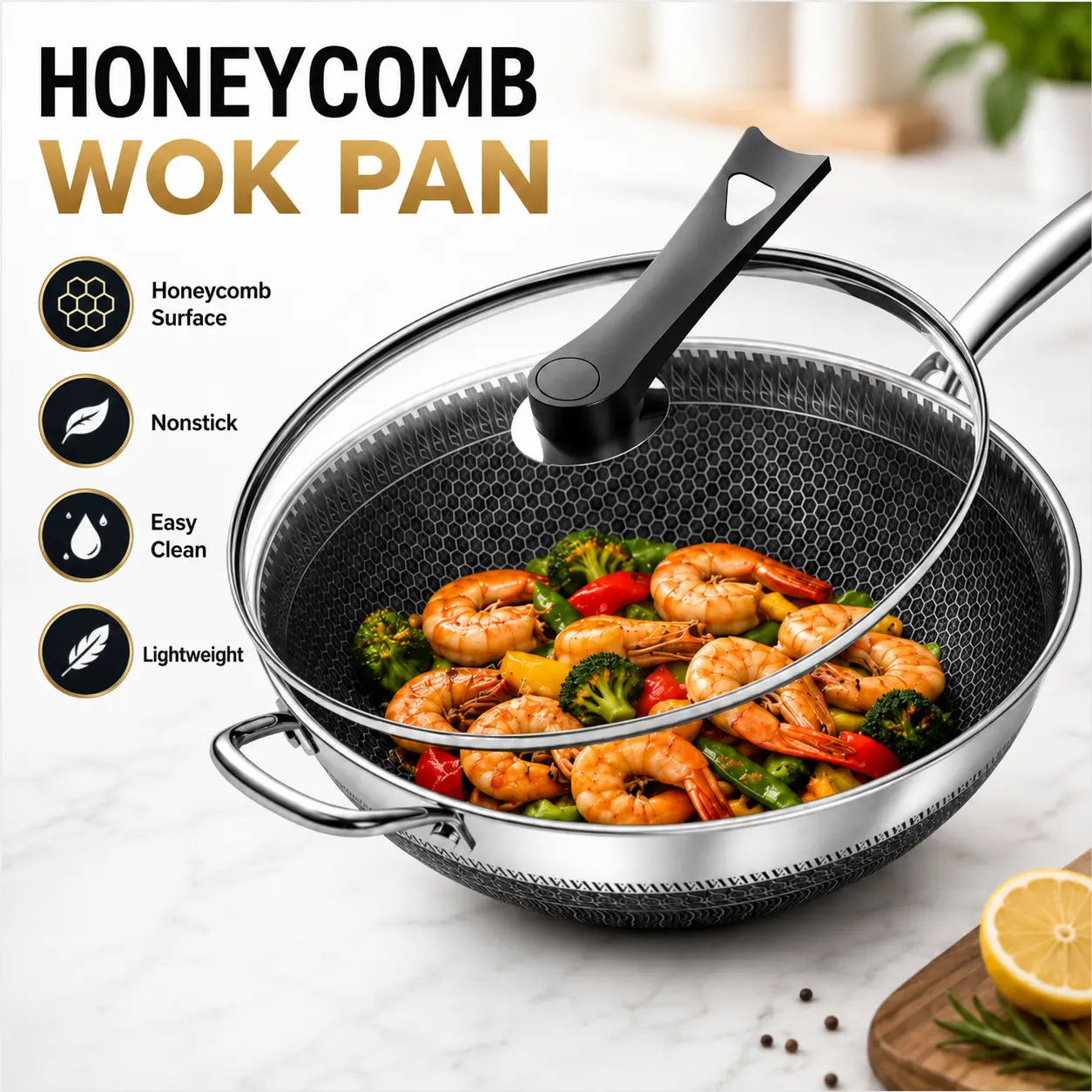 12.60" Stainless Steel Nonstick Wok with Lid, Honeycomb Texture Design, Household Stir-Fry Pan, Compatible with Induction Cookers, Ceramic Cooktops, and Various Kitchen Stoves Cookware summerwins