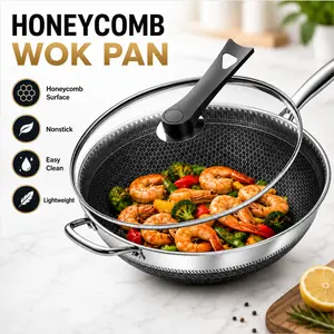 12.60" Stainless Steel Nonstick Wok with Lid, Honeycomb Texture Design, Household Stir-Fry Pan, Compatible with Induction Cookers, Ceramic Cooktops, and Various Kitchen Stoves Cookware summerwins summerwins