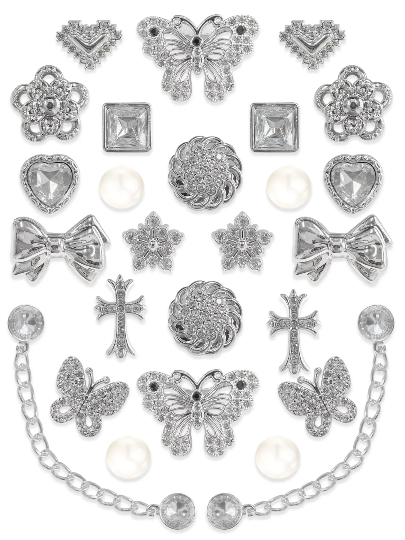 26 Pcs Silver Color Rhinestone Resin Shoe Buckles, Butterfly Heart Pearl DIY Shoe Accessories, Shoe Decoration, Hole-In-Heel Decorative Clips, Bling Shoe Charms, Sparkling Shoe Charms, Shoe Embellishment Set