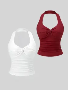 Women's Sleeveless Halter Top Set, Slim-Fitting Graphic Design, Casual Style, Waist Cinching, Folded Hem, Two-Piece