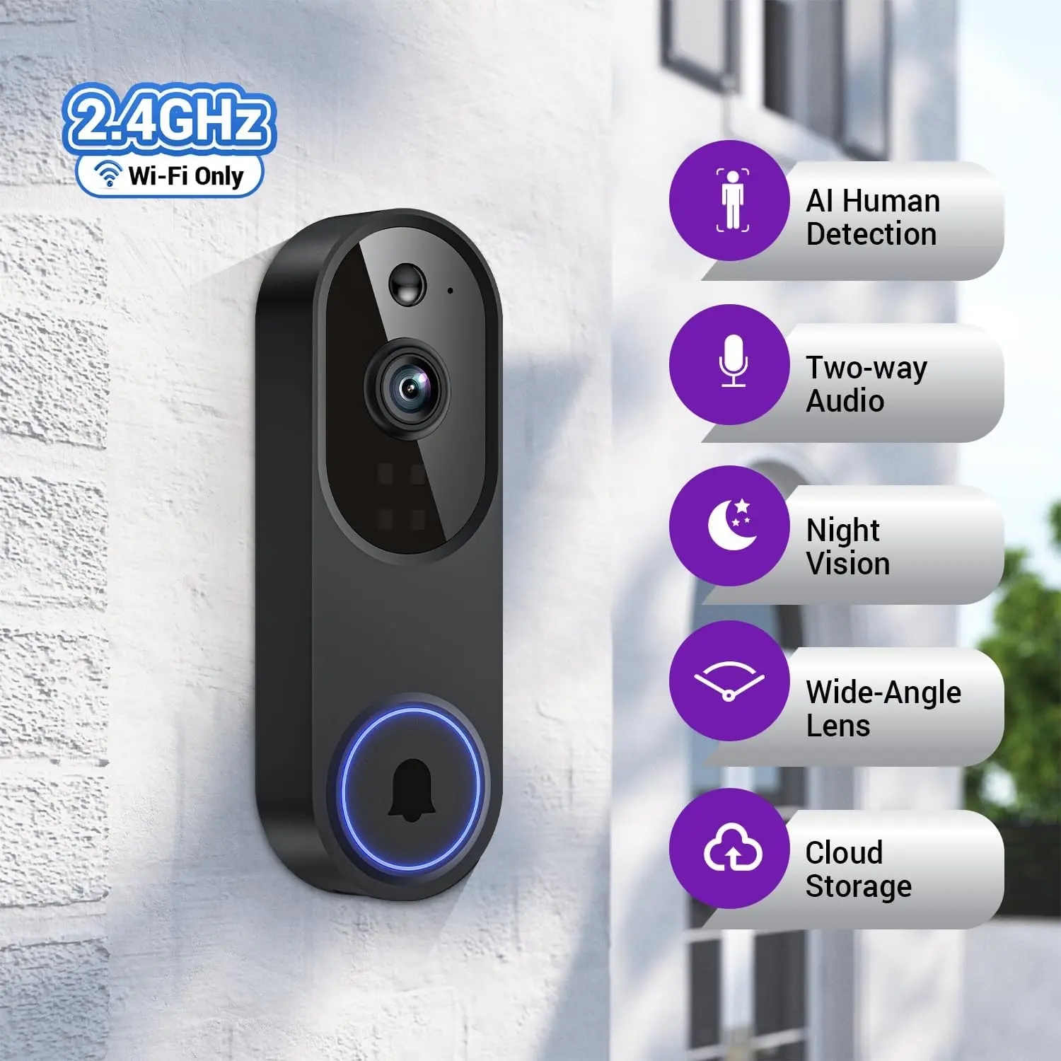 1080P Smart Wi-Fi Video Doorbell Camera with Receiver, Motion Detection, Night Vision, 2-Way Audio, Battery Powered, 2.4GHz Wi-Fi