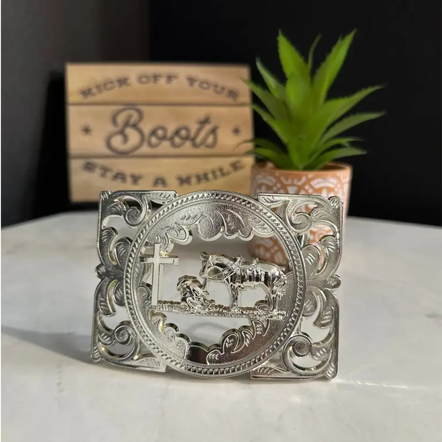 Silver Cut-Out Praying Cowboy Belt Buckle for Men - Western Filigree Cross & Horse Rodeo Hebilla Vaquera - Christian Faith Gift Fits 1.5" Belts, Men's Accessories, Western Accessories