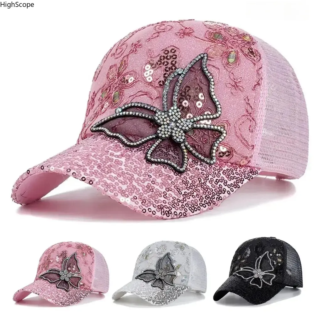 Women's Casual Baseball Cap with Glitter Butterfly and Lace Details, Breathable Mesh Back Sun Hat for Outdoor Sports, Casual Hat, Sun Protection Hat