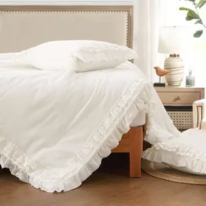 White Ruffle Comforter  Size Bed Set, Linen-like Super Soft  Comforter  Size,  Country Farmhouse Comforters Set, Luxury Lace Comforters Shabby Chic Bedding Set, 3 count 92"x96"
