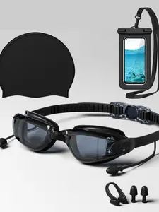 Swimming Goggles Set with Anti-Slip Straps, 3 Sizes Nose Bridge Components, Includes Earplugs and Nose Clips, Additional Swim Cap and Waterproof Phone Bag, Swimming Accessories