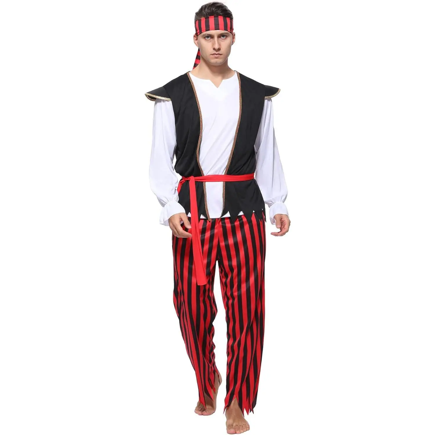 Men's 4-Piece Pirate Costume Set, Breathable Sea Captain Cosplay Clothes for Halloween Dress Up Party, Menswear, Belt, Polyester, Short Sleeve, Elastic Waistband, Men's Pirate, Pirate Shirt
