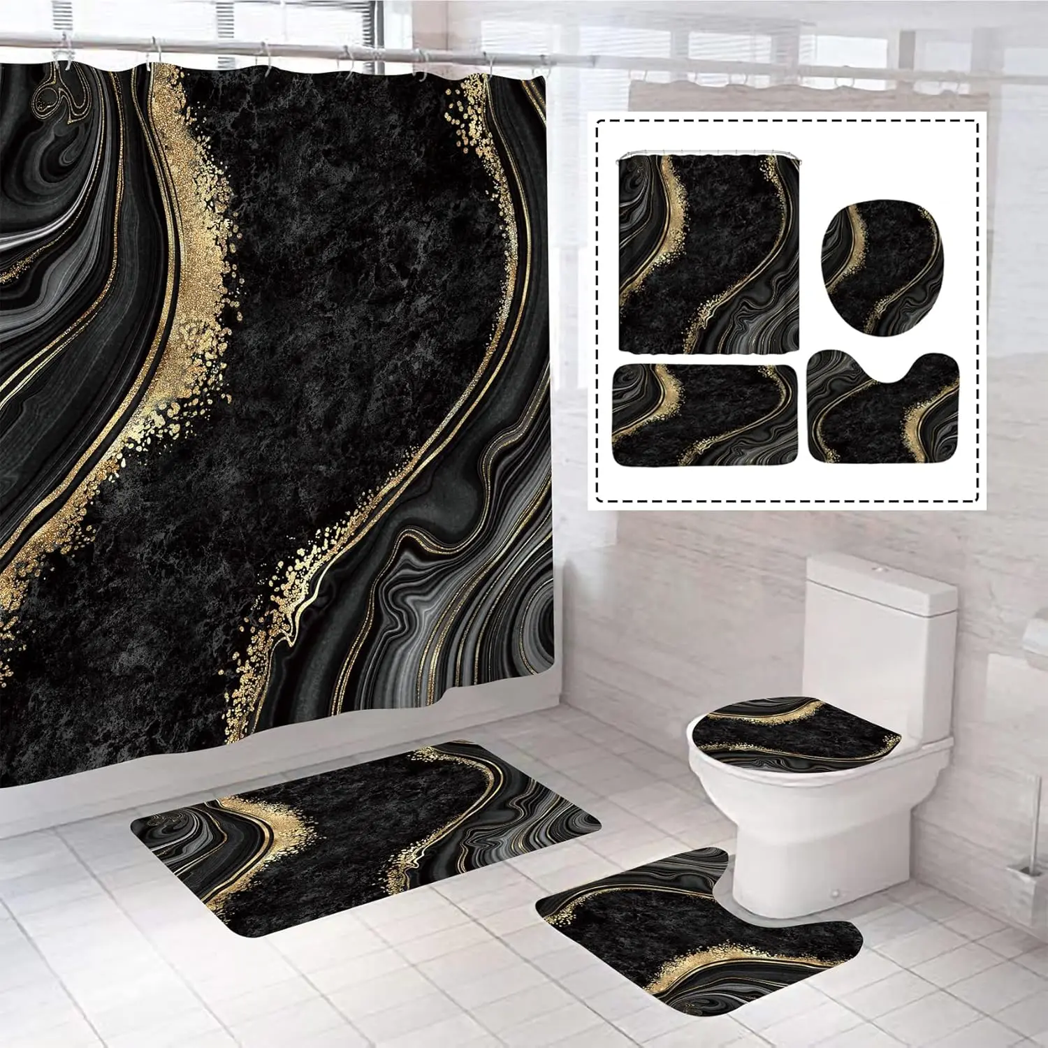 Luxury Waterproof Marble Shower Curtain Set (4Pcs) - Bathroom Decor Kit with 12 Hooks, Toilet Lid Rug, Bath Mat, Contour Mat,family