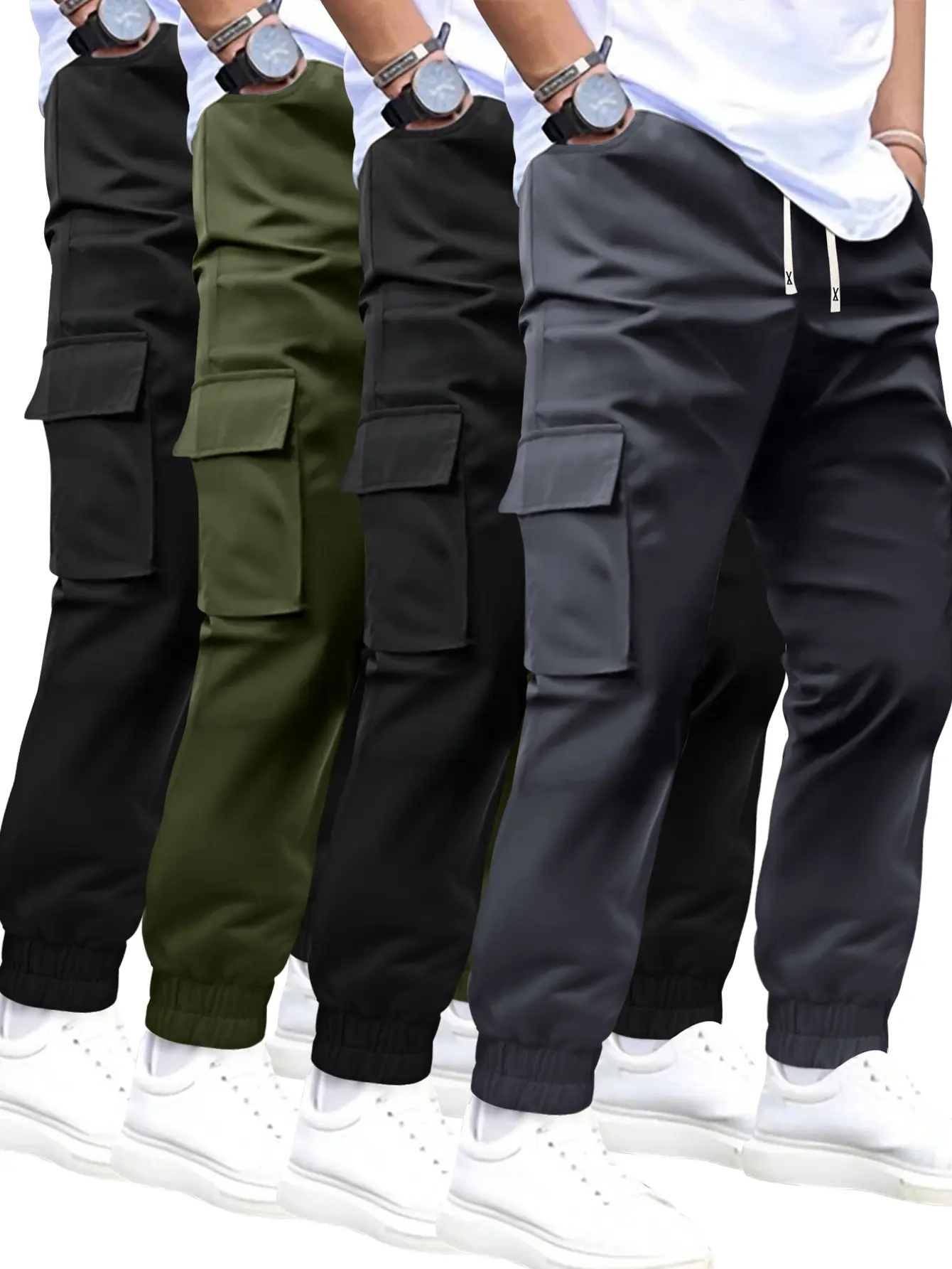 Men's Solid Color Casual Joggers 4-Pack, Lightweight Workout Jogger with Multi-Pocket & Drawstring Waist, Effortless Dry Clean Men's Pants for Autumn, Effortless Men's Pants
