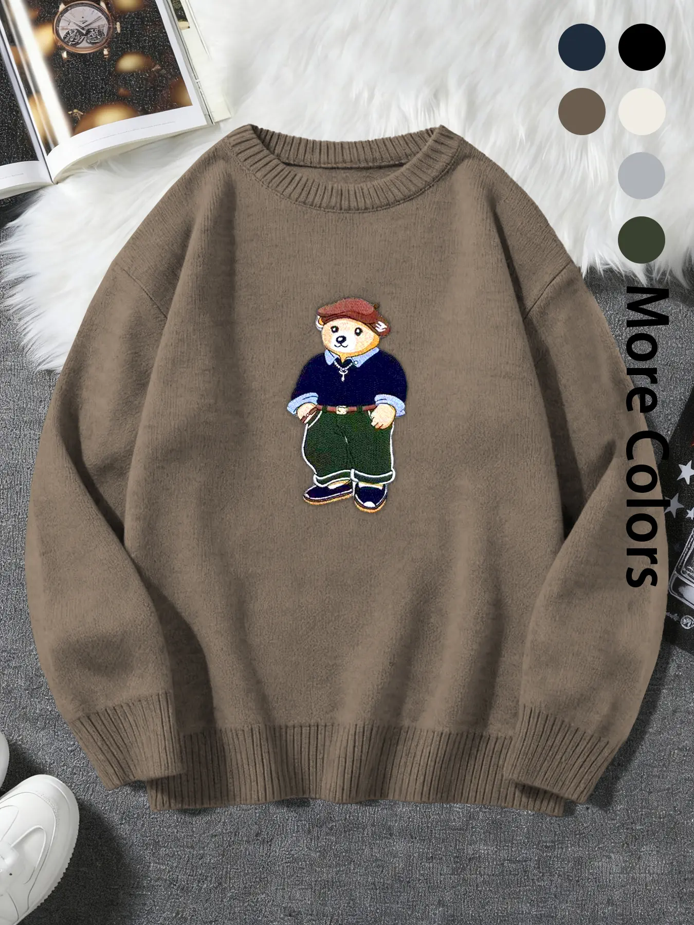 Women's Vintage Bear Graphic Long Sleeve Knit Sweater, Cozy Oversized Crewneck Pullover Piece, Trendy Fall Winter Slouchy Preppy Outerwear for Everyday Casual Vibe & Loungewear Outfits, Jeans, Round Neck