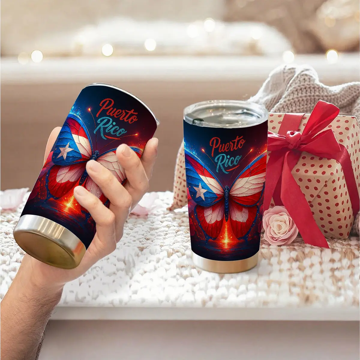 1pc 600ml (20oz) 304 Stainless Steel Double-Layer Insulated Portable Travel Flask Tumbler with Puerto Rico Butterfly Flag Pattern, 500-1000ml Large-Capacity Coffee Drinkware for Daily Commute, Puerto Rico Lovers’ Vibrant Gift Option
