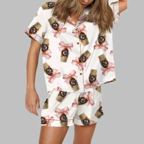 7-B Coffee Satin Pajama Set for Women – Coffee Lover Graphic Sleepwear, Lightweight Button Up Lounge Set for Home and Vacation