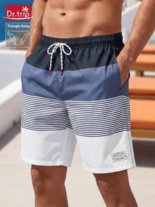 Men's Striped Swim Trunks, Casual Comfy Breathable Swim Shorts for Summer Outdoor Activities, Activewear Swimwear for Beach Vacation, Drawstring Swim Bottoms