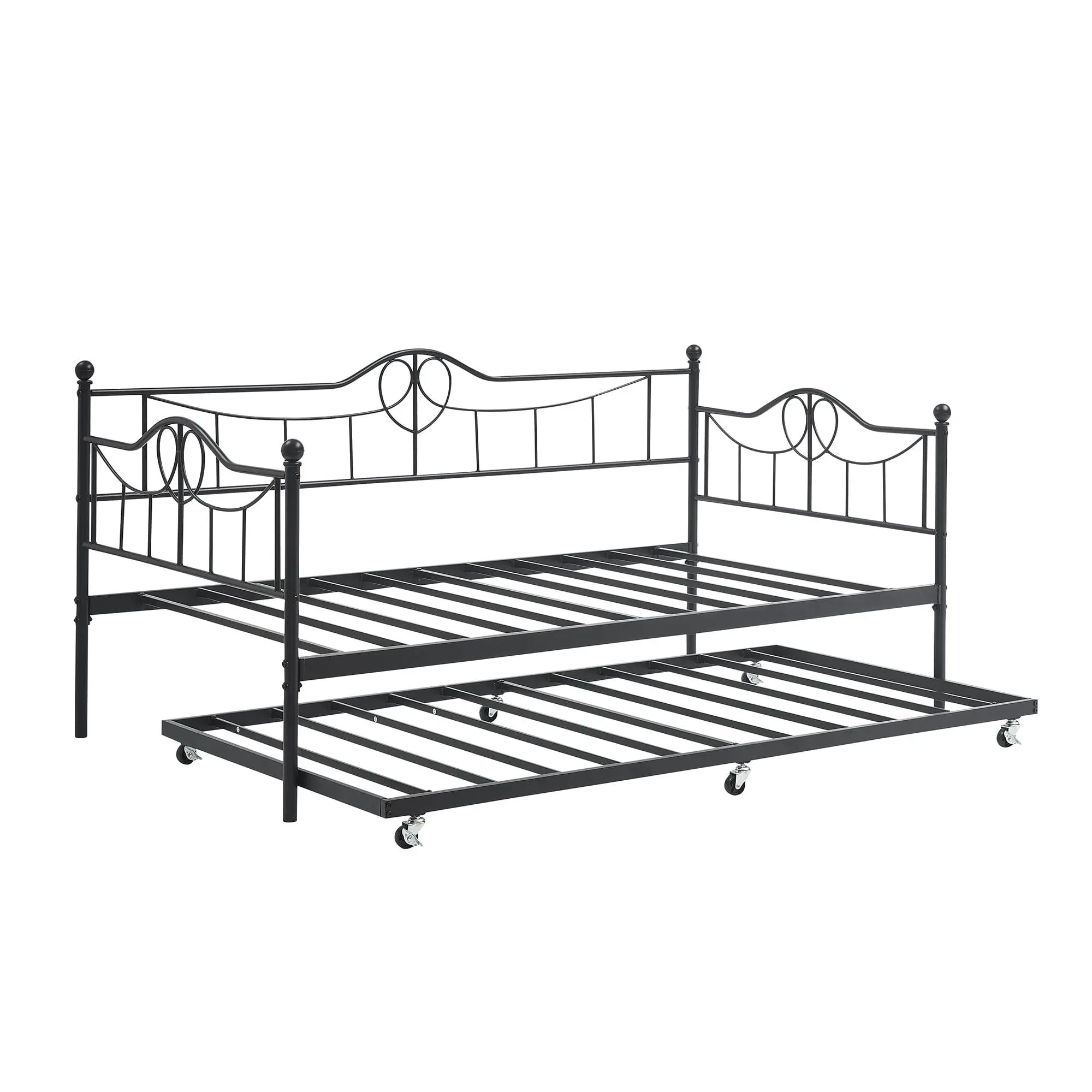 Gaomon Twin Size Daybed with 6-Wheel Pull-Out Trundle Guest Sofa Bed, Sweet Heart Art Design, 500lb Capacity Heavy-Duty Steel Frame, Metal Slats, Quick-Setup Furniture for Bedroom, Living Room, Black