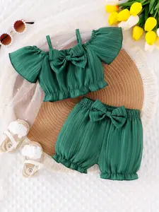 Baby Girl Greenish Set, Shoulder-Exposed Bow Sleeve Hollow Top & Bud Shorts, Stylish Infant, Comfortable Daily Wear, Complete Set, Summer Gift Set, Newborn Outfits Set
