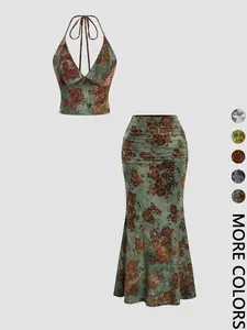 Women's Floral Deep V Neck Crop Top & Fish Tail Skirt Set, Sexy Two-Piece, Back-To-School Fashion, All-Over Print Design