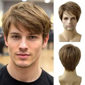 Men's Brown Middle Part Short Wig Fluffy Natural Fashion Hair Wig Breathable Lightweight for Men