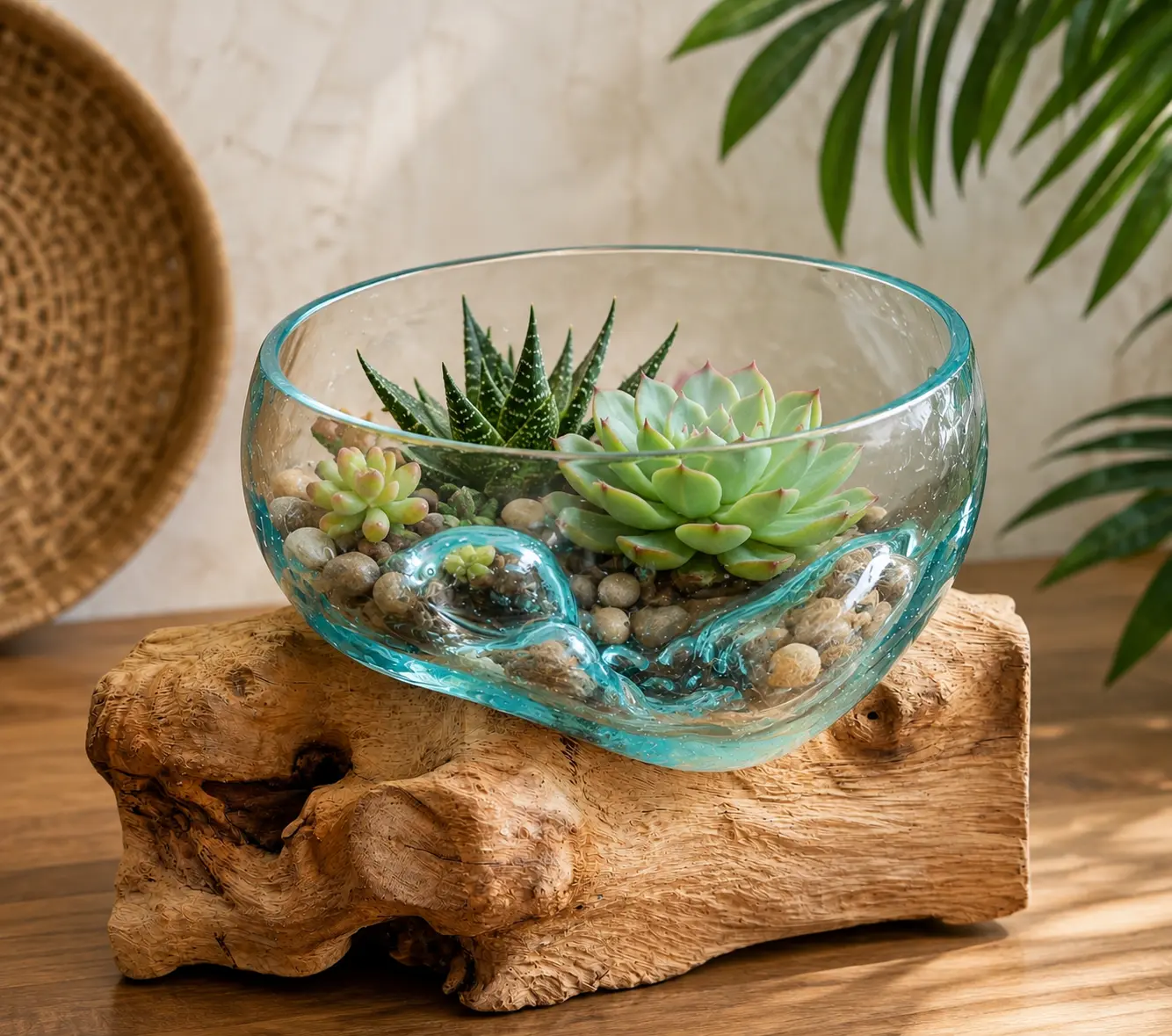 Handcrafted Driftwood Glass Planter Bowl - Hand Blown Glass Terrarium, Air Plant Holder, Succulent Vase for Natural Home Decor